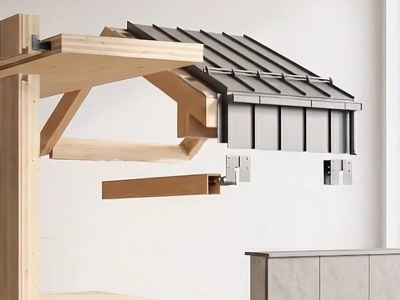 Houten dakconstructie met spanten en gordingen van een prefab gebouwvolume, beeld uit de VKP-productvisualisatie.